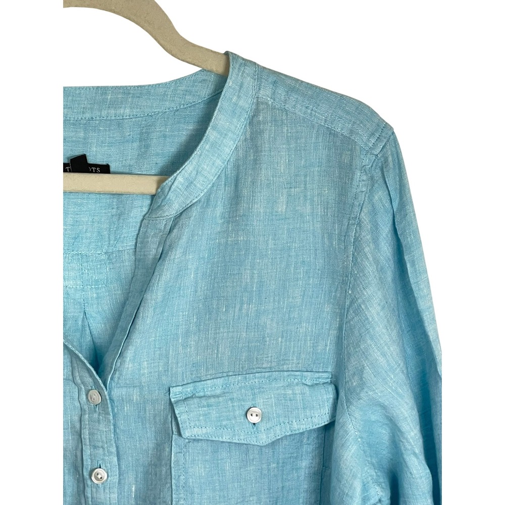 Talbots Womens XLP Blue Linen Roll Tab Sleeve Split Neck Button Tunic Top - Picture 8 of 14
